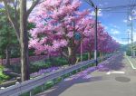  aruken blue_sky brick_wall bush cherry_blossoms clouds commentary day grass hill lamppost no_humans original outdoors petals plant power_lines railing reflection road scenery sign sky street telephone_pole traffic_mirror tree wall 