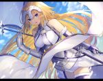  .com_(cu_105) 1girl armor black_legwear blonde_hair breasts chains fate/grand_order fate_(series) flag headpiece holding_flag large_breasts looking_at_viewer parted_lips ruler_(fate/apocrypha) solo thigh-highs 