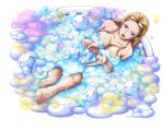  1girl bare_shoulders barefoot bathtub blonde_hair blue_eyes bodskih breasts cleavage collarbone feet from_above glasses_on_head kalifa large_breasts lipstick long_hair looking_at_viewer makeup nude one_leg_raised one_piece parted_lips red_lips shiny shiny_skin sitting soap_bubbles solo toes transparent_background 