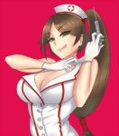  &gt;:q 1girl :q adjusting_clothes adjusting_gloves akali bare_shoulders breasts brown_hair cleavage gloves green_eyes hat large_breasts league_of_legends long_hair looking_at_viewer low-tied_long_hair nurse_akali nurse_cap ponytail smile solo syringe tongue tongue_out upper_body vanquice white_gloves 