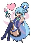  1girl absurdres aqua_(konosuba) bare_shoulders blue_eyes blue_hair blush detached_sleeves hair_ornament heart highres kono_subarashii_sekai_ni_shukufuku_wo! long_hair looking_at_viewer one_eye_closed open_mouth skirt smile solo thigh-highs very_long_hair 