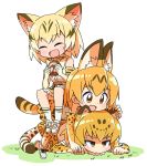  3girls animal_ears blonde_hair blush bow bowtie brown_eyes cat_ears cat_tail closed_eyes elbow_gloves food full_body gloves half-closed_eyes happy highres jaguar_(kemono_friends) jaguar_ears jaguar_print jaguar_tail japari_bun kemono_friends lying multiple_girls on_stomach open_mouth sand_cat_(kemono_friends) serval_(kemono_friends) serval_ears serval_print serval_tail short_hair simple_background sitting sitting_on_person smile tail white_background 