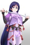  1girl bangs bodysuit breasts covered_navel cross_(crossryou) fate/grand_order fate_(series) fingerless_gloves gloves large_breasts long_hair looking_at_viewer minamoto_no_raikou_(fate/grand_order) purple_hair simple_background smile solo standing sword very_long_hair violet_eyes weapon white_background 