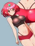 1girl arms_at_sides ass bare_arms bare_shoulders blue_background blush breasts butt_crack closed_mouth commentary_request cowboy_shot crop_top dimples_of_venus harubato headpiece highres pyra_(xenoblade) impossible_clothes large_breasts looking_at_viewer lower_body multiple_views navel red_eyes red_shorts redhead shiny shiny_hair short_hair short_shorts shorts simple_background skindentation sleeveless smile standing stomach tareme thigh_gap thighs thong xenoblade_2 
