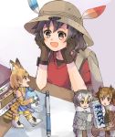  4girls animal_ears backpack bag bangs black_hair blonde_hair blush brown_coat brown_eyes brown_gloves brown_hair bucket_hat carrying chibi coat desk elbow_gloves eurasian_eagle_owl_(kemono_friends) fur_collar gloves hat hat_feather head_wings kaban_(kemono_friends) kemono_friends long_sleeves looking_down looking_up lucky_beast_(kemono_friends) multicolored_hair multiple_girls nauka northern_white-faced_owl_(kemono_friends) open_mouth owl_ears paper pen red_shirt serval_(kemono_friends) serval_ears serval_print serval_tail shirt short_hair silver_coat silver_hair sleeveless sleeveless_shirt smile streaked_hair tail two-tone_hair white_hair white_shirt 