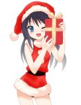  1girl ;d akatsuki_(kantai_collection) bare_arms black_belt black_hair blue_eyes blush box christmas commentary_request contrapposto derivative_work dress fingernails fur-trimmed_dress gift gift_box hat holding holding_gift kantai_collection long_hair looking_at_viewer mitchi one_eye_closed open_mouth red_dress santa_costume santa_hat shakugan_no_shana simple_background sleeveless sleeveless_dress smile solo standing white_background 
