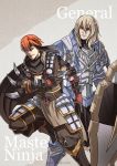  2boys armor blonde_hair breastplate candy cape eating english fire_emblem fire_emblem_if food gauntlets gloves greaves gurei_(fire_emblem_if) gzei holding holding_shield holding_weapon ignis_(fire_emblem_if) japanese_clothes knif knight kunai lollipop long_hair looking_at_viewer multiple_boys ninja redhead shield simple_background smile weapon 
