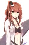  1girl alternate_eye_color breast_pocket breasts brown_hair eyebrows_visible_through_hair green_eyes jacket kantai_collection long_hair long_sleeves mashayuki medium_breasts pocket saratoga_(kantai_collection) side_ponytail smile solo twitter_username white_jacket 