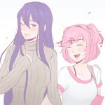  /\/\/\ 2girls :d ;&gt; ^_^ artist_name bag bangs blush breasts closed_eyes closed_mouth commentary doki_doki_literature_club grey_sweater hair_ornament hairclip koyorin long_hair looking_at_viewer medium_breasts multiple_girls natsuki_(doki_doki_literature_club) one_eye_closed open_mouth pink_hair purple_hair ribbed_sweater shirt short_hair short_sleeves sleeves_past_wrists smile sweater swept_bangs two_side_up very_long_hair violet_eyes white_background white_shirt yuri_(doki_doki_literature_club) 
