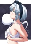  1girl bare_arms black_background black_ribbon breasts clothes_lift from_side green_eyes hair_ribbon highres konpaku_youmu konpaku_youmu_(ghost) lifted_by_self looking_up nori_tamago profile revision ribbon short_hair silver_hair small_breasts solo strap_gap tank_top touhou upper_body 