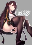 1girl asymmetrical_bangs bangs between_breasts black_gloves black_legwear black_skirt blush breasts brown_hair character_name closed_mouth collared_shirt cropped_jacket dev dressing eyebrows_visible_through_hair from_below full_body girls_frontline gloves grey_background high-waist_skirt highres jacket long_hair long_sleeves looking_at_viewer medium_breasts necktie one_side_up open_clothes open_jacket panties red_necktie shirt simple_background sitting skirt solo thigh-highs thighhighs_pull thighs tsurime underbust underwear violet_eyes wa2000_(girls_frontline) white_panties white_shirt 