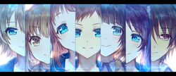  3boys 4girls black_hair blue_eyes brown_eyes brown_hair close-up highres hiradaira_chisaki hisanuma_sayu isaki_kaname kihara_tsumugu long_hair looking_at_viewer mukaido_manaka multiple_boys multiple_girls nagi_no_asukara sakishima_hikari shigaraki_(strobe_blue) shiodome_miuna short_hair split_theme 