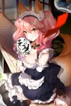  1girl :3 animal_ears apron black_legwear blurry breasts choker cleavage closed_mouth depth_of_field detached_sleeves fan fate/extra fate_(series) fox_ears fox_tail hair_between_eyes large_breasts long_hair maid maid_headdress outdoors paper_fan pink_hair shirako_miso sidelocks sitting solo tail tamamo_(fate)_(all) tamamo_no_mae_(fate) thigh-highs twintails uchiwa yellow_eyes 