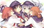  4girls :d :o absurdres akatsuki_(kantai_collection) anchor_symbol arm_hug artist_name bangs black_hat black_skirt blurry blurry_background blush brown_eyes brown_hair commentary_request depth_of_field eyebrows_visible_through_hair flat_cap folded_ponytail grey_eyes hair_between_eyes hair_ornament hairclip hand_holding hat hibiki_(kantai_collection) highres ikazuchi_(kantai_collection) inazuma_(kantai_collection) interlocked_fingers kantai_collection long_hair long_sleeves looking_at_viewer multiple_girls neckerchief open_mouth parted_lips pleated_skirt purple_hair red_neckerchief school_uniform serafuku shirt signature silver_hair skirt smile very_long_hair white_shirt zuho_(vega) 