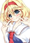  1girl alice_margatroid blonde_hair blue_eyes close-up closed_mouth collarbone fingers_to_cheeks hairband highres looking_at_viewer neckerchief simple_background smile solo takamachi_(takechikuwa) touhou upper_body white_background 