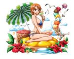  1girl :q bare_shoulders barefoot between_legs bikini blue_bikini bodskih breasts brown_eyes feet flower food full_body hand_between_legs hibiscus holding holding_food ice_cream large_breasts looking_at_viewer nami_(one_piece) navel one_piece orange_hair red_flower short_hair sideboob sitting solo striped swimsuit tongue tongue_out transparent_background 