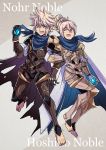  1boy 1girl armor breastplate cape fire_emblem fire_emblem_if gauntlets genderswap greaves gzei hair_bun kanna_(fire_emblem_if) looking_at_viewer pauldrons pointy_ears short_hair simple_background smile spiky_hair white_hair 