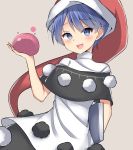  1girl amashi_(qcmrq906) antinomy_of_common_flowers bangs blue_eyes blue_hair book doremy_sweet dream_soul dress hat holding holding_book looking_at_viewer nightcap open_mouth pom_pom_(clothes) short_hair smile solo touhou turtleneck 