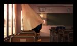  1boy 1girl bag black_border border chair chalkboard classroom clock commentary_request curtains desk evening from_side height_difference kawamoto_ruka kiss original photoshop ponytail profile scenery school school_bag school_desk silhouette standing sunlight 