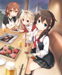  &gt;:) 3girls adapted_costume ahoge alcohol beer beer_mug black_ribbon black_skirt black_vest blonde_hair blue_eyes braid brown_eyes brown_hair chopsticks cup drinking_glass food hair_between_eyes hair_flaps hair_ornament hair_ribbon hairclip highres holding_chopsticks juice kantai_collection long_hair long_sleeves multiple_girls necktie open_mouth plaid plaid_skirt pleated_skirt red_eyes red_necktie remodel_(kantai_collection) ribbon scarf shigure_(kantai_collection) shiratsuyu_(kantai_collection) shirt short_hair short_sleeves single_braid sitting skirt smile the_yuudachi-like_creature tokyo_tower tongue tongue_out vest white_scarf white_shirt yakiniku yume_no_owari yuudachi_(kantai_collection) 