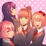  4girls :d ahoge artist_name bangs blazer blue_eyes blue_skirt blunt_bangs bow breasts brown_hair closed_mouth collared_shirt commentary doki_doki_literature_club eyebrows_visible_through_hair green_eyes hair_bow high_ponytail jacket koyorin long_hair long_sleeves looking_at_viewer looking_back medium_breasts monika_(doki_doki_literature_club) multiple_girls natsuki_(doki_doki_literature_club) neck_ribbon open_mouth parted_lips pink_background pink_eyes pink_hair pleated_skirt polka_dot polka_dot_background profile purple_hair red_bow red_ribbon ribbon sayori_(doki_doki_literature_club) school_uniform shirt sidelocks skirt smile two_side_up very_long_hair violet_eyes white_bow white_shirt wing_collar yuri_(doki_doki_literature_club) 