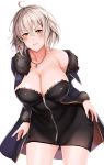  &gt;:( 1girl ahoge bangs black_dress blush breasts cleavage closed_mouth collarbone cowboy_shot dress fate/grand_order fate_(series) fur_trim jacket jeanne_alter jewelry large_breasts leaning_forward long_sleeves looking_at_viewer necklace off_shoulder open_clothes open_jacket ruler_(fate/apocrypha) short_dress short_hair silver_hair simple_background solo white_background yanochi yellow_eyes 