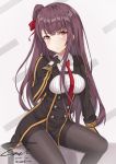  1girl artist_name bangs black_dress black_gloves black_legwear blush closed_mouth collared_shirt cropped_jacket dated dress girls_frontline gloves jacket long_hair long_sleeves looking_at_viewer military military_uniform necktie one_side_up open_clothes open_jacket pantyhose pelvic_curtain purple_hair red_eyes red_necktie shirt sidelocks signature sitting solo strap thighband_pantyhose thighs twitter_username underbust unel1211 uniform wa2000_(girls_frontline) white_shirt 