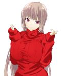  1girl breasts fate/grand_order fate_(series) florence_nightingale_(fate/grand_order) highres large_breasts long_hair manabebebe pink_hair red_eyes ribbed_sweater sweater upper_body 