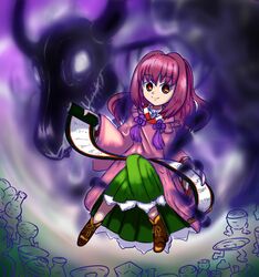  1girl alternate_hairstyle animal_skull artist_request dark_persona darkness eyebrows_visible_through_hair forbidden_scrollery hair_down motoori_kosuzu oni_of_the_night_parade_scroll possessed red_eyes redhead scroll skeleton smile touhou tsukumogami 