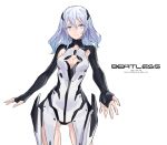  1girl armpit_cutout blue_eyes bodysuit breasts bridal_gauntlets cancell cleavage cleavage_cutout english highres long_hair looking_at_viewer mecha_musume medium_breasts original reaching_out silver_hair simple_background smile solo standing 