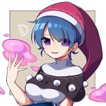  1girl antinomy_of_common_flowers bangs blue_hair breasts capelet commentary_request doremy_sweet eyebrows_visible_through_hair hair_between_eyes hat highres kozakura_(dictionary) looking_at_viewer medium_breasts nightcap open_mouth pom_pom_(clothes) short_hair smile solo touhou upper_body violet_eyes 