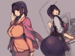  apron ass bent_over blue_eyes braid breasts cardigan collage hair_intakes hair_over_shoulder highres huge_breasts kanon long_hair mature minase_akiko multiple_views open_cardigan open_clothes pajamas purple_hair solo_focus xration 