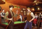  1girl 5boys belt black_hair blonde_hair blue_pants breasts brown_hair brown_pants character_request cleavage collarbone dress_shirt eren_yeager green_eyes grey_shirt hand_in_pocket indoors legs_crossed levi_(shingeki_no_kyojin) long_skirt looking_at_viewer medium_breasts multiple_boys pants parted_lips petra_ral purple_shoes red_skirt shingeki_no_kyojin shirt shoes short_hair sitting skirt smile standing yappo_(point71) 