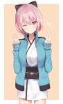  1girl ahoge black_bow blush bow brown_eyes closed_mouth double_v eyebrows_visible_through_hair fate/grand_order fate_(series) hair_bow highres looking_at_viewer one_eye_closed pink_hair sakura_saber short_hair smile solo v yukarite 