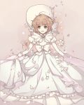  1girl bonnet bow brooch brown_hair brunette_(realsyaoran) card_captor_sakura dress flower gown green_eyes jewelry juliet_sleeves kinomoto_sakura long_sleeves puffy_long_sleeves puffy_sleeves short_hair solo white white_bow white_dress 