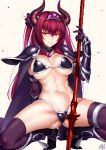  1girl abs angry arm_behind_back arm_support armlet armor armored_boots bangs bikini_armor black_armor boots breasts cape confetti cosplay crotch elbow_gloves elizabeth_bathory_(brave)_(fate) elizabeth_bathory_(brave)_(fate)_(cosplay) embarrassed fate/grand_order fate_(series) gae_bolg gem gloves gluteal_fold gorget greaves hair_ribbon highres horns lancer_(fate/extra_ccc) large_breasts long_hair navel okitakung pauldrons polearm purple_gloves purple_hair purple_legwear purple_ribbon red_eyes ribbon scathach_(fate/grand_order) simple_background solo spear spread_legs squatting sweatdrop thighs tiara tied_hair twintails vambraces waist weapon white_background 