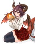  10s 1girl black_legwear blush breasts commentary_request dragon_horns dragon_tail dragon_wings granblue_fantasy grea_(shingeki_no_bahamut) hair_between_eyes harino646 highres holding horns large_breasts pointy_ears purple_hair red_eyes ribbon shingeki_no_bahamut shirt short_hair simple_background sitting skirt solo tail white_background wings 