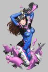  1girl alex_lee arms_up bodysuit breasts brown_eyes brown_hair covered_navel d.va_(overwatch) facial_mark finger_on_trigger grey_background gun handgun highres keychain legs_folded long_hair looking_away medium_breasts overwatch simple_background solo v weapon 