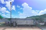  aruken bench bicycle blue_sky clouds cloudy_sky commentary day flower grass ground_vehicle hill lamppost no_humans original outdoors path pavement plant railing road scenery sky trash_can 