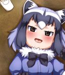  2girls animal_ears black_bow black_gloves black_hair blush bow brown_eyes commentary_request common_raccoon_(kemono_friends) fang fennec_(kemono_friends) from_above fur_collar gloves grey_hair kemono_friends kobamiso_(kobalt) multicolored_hair multiple_girls purple_hair raccoon_ears wavy_mouth white_hair 