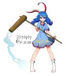  1girl animal_ears bangs blue_hair crescent dated dress ear_clip eyebrows_visible_through_hair full_body hair_between_eyes holding jewelry kine looking_at_viewer necklace no_shoes rabbit_ears red_eyes seiran_(touhou) shishi_osamu short_sleeves simple_background smile socks solo standing star touhou twintails twitter_username white_background white_legwear 