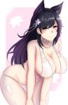  1girl animal_ears atago_(azur_lane) azur_lane bangs bikini black_hair blush breasts brown_eyes cat_ears choker cleavage closed_mouth collarbone cowboy_shot curvy flower hair_flower hair_ornament highres kuuki_(rakam) large_breasts leaning_forward long_hair looking_at_viewer mole mole_under_eye short_hair smile solo swept_bangs swimsuit white_bikini wide_hips 