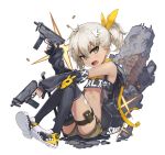  asymmetrical_legwear bandanna black_legwear bright_pupils dark_skin dark_skinned_male detached_sleeves fang flat_chest full_body girls_frontline green_eyes gun hair_between_eyes hair_ornament klin_(girls_frontline) knee_pads kylin looking_at_viewer midriff open_mouth pinky_out shell_casing shoes short_hair short_ponytail short_shorts shorts simple_background sitting sleeves_past_wrists sneakers strapless submachine_gun thigh-highs thigh_strap trigger_discipline tubetop weapon white_background 