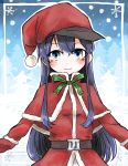  1girl akatsuki_(kantai_collection) alternate_costume bangs black_hat blue_eyes blush brown_belt capelet cink-knic closed_mouth commentary_request flat_cap fur-trimmed_capelet green_ribbon hair_between_eyes hat kantai_collection long_hair long_sleeves looking_at_viewer mittens outstretched_arms purple_hair red_capelet red_hat red_mittens red_shirt remodel_(kantai_collection) ribbon santa_costume santa_hat shirt sketch smile snowflakes snowing solo striped striped_ribbon upper_body very_long_hair 