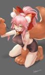  1girl @_@ alternate_costume animal_ears bell bell_collar breasts collar fate/extra fate/grand_order fate_(series) fox_ears fox_tail grey_background hair_ribbon highres large_breasts long_hair looking_at_viewer open_mouth paws pink_hair ribbon sideboob simple_background solo tail tamamo_(fate)_(all) tamamo_cat_(fate) tranquil-lizer yellow_eyes 