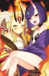  2girls ;d bare_shoulders blonde_hair breasts commentary earrings eyebrows_visible_through_hair facial_mark fang fate/grand_order fate_(series) horns ibaraki_douji_(fate/grand_order) jewelry kinsenka_momi long_hair looking_at_viewer multiple_girls one_eye_closed oni oni_horns open_mouth purple_hair revealing_clothes short_hair shuten_douji_(fate/grand_order) small_breasts smile violet_eyes yellow_eyes 