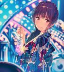  1girl bag bagged_fish bangs blurry blurry_background brown_hair commentary_request earrings festival fish floral_print freckles from_side furihata_ai japanese_clothes jewelry kimono long_hair looking_at_viewer obi parted_lips real_life red_eyes sash siva_(executor) solo upper_body wide_sleeves yukata 