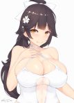  1girl azur_lane bangs black_hair blush bow breasts cleavage collarbone criss-cross_halter dated eyebrows_visible_through_hair flower hair_bow hair_flower hair_ornament halterneck hand_on_own_chest kuavera large_breasts long_hair looking_at_viewer one-piece_swimsuit orange_eyes ponytail simple_background skindentation smile solo swimsuit takao_(azur_lane) twitter_username upper_body white_background white_bow white_swimsuit 