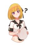  1girl ? blonde_hair bow collarbone enterprise_(pacific) flush freckles hair_bow hat hat_removed headwear_removed holding holding_hat looking_at_viewer midriff original pacific personification sailor_collar short_hair sima_naoteng simple_background solo us_navy violet_eyes white_background 