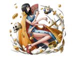  black_hair blue_dress blue_eyes bodskih breasts cleavage cleavage_cutout dress fan high_heels holding holding_fan large_breasts long_hair looking_at_viewer nico_robin one_piece red_shoes shiny shiny_skin shoes skull sleeveless sleeveless_dress sword transparent_background weapon 